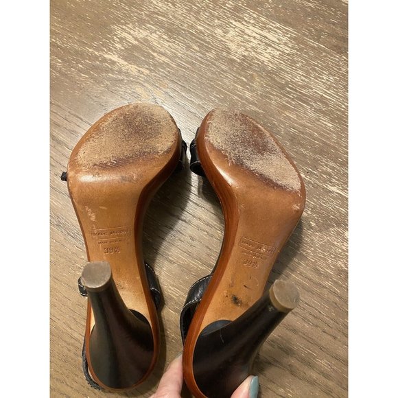 Marc Jacobs Open Toe Black Sling Back Leather White Top Stitch Heel Sz 39.5 VTG - Picture 6 of 8